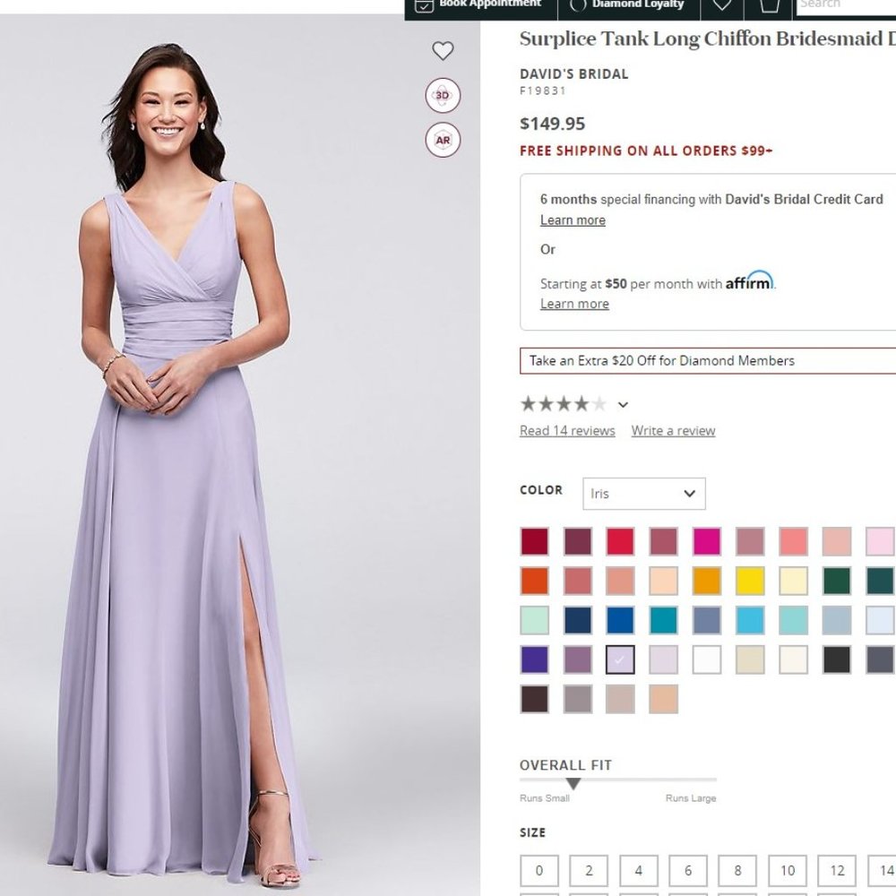 David's Bridal Surplice Tank Long Chiffon Bridesma